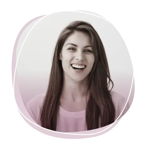 Laughing woman long brown hair pink top