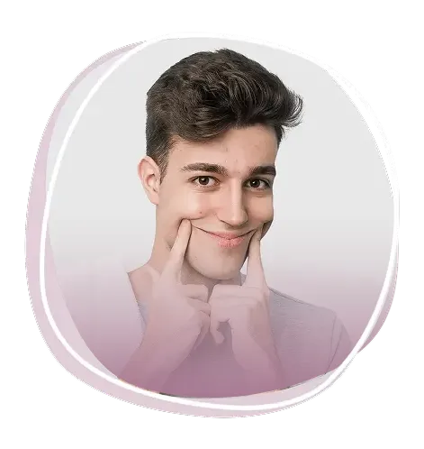 Man with dark hair pressing both cheeks with his fingers